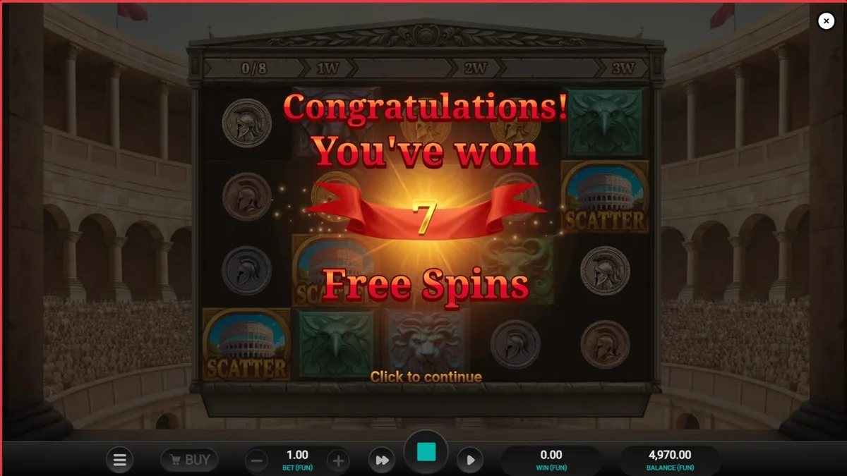 Interface do slot Arena of Fortune com tema de gladiadores e Coliseu